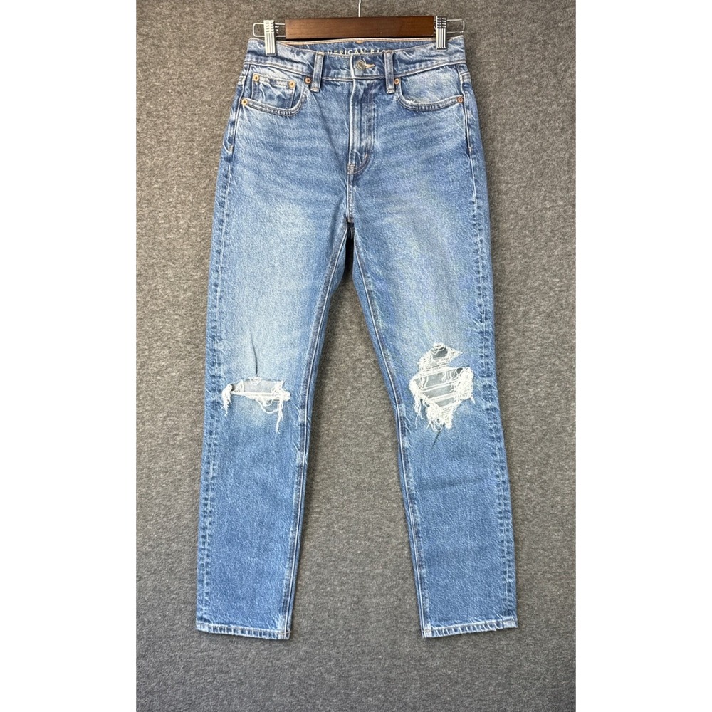 American Eagle Super High Rise Ankle Straight Distressed Jeans Blue Womens XS 00 - Picture 3 of 15